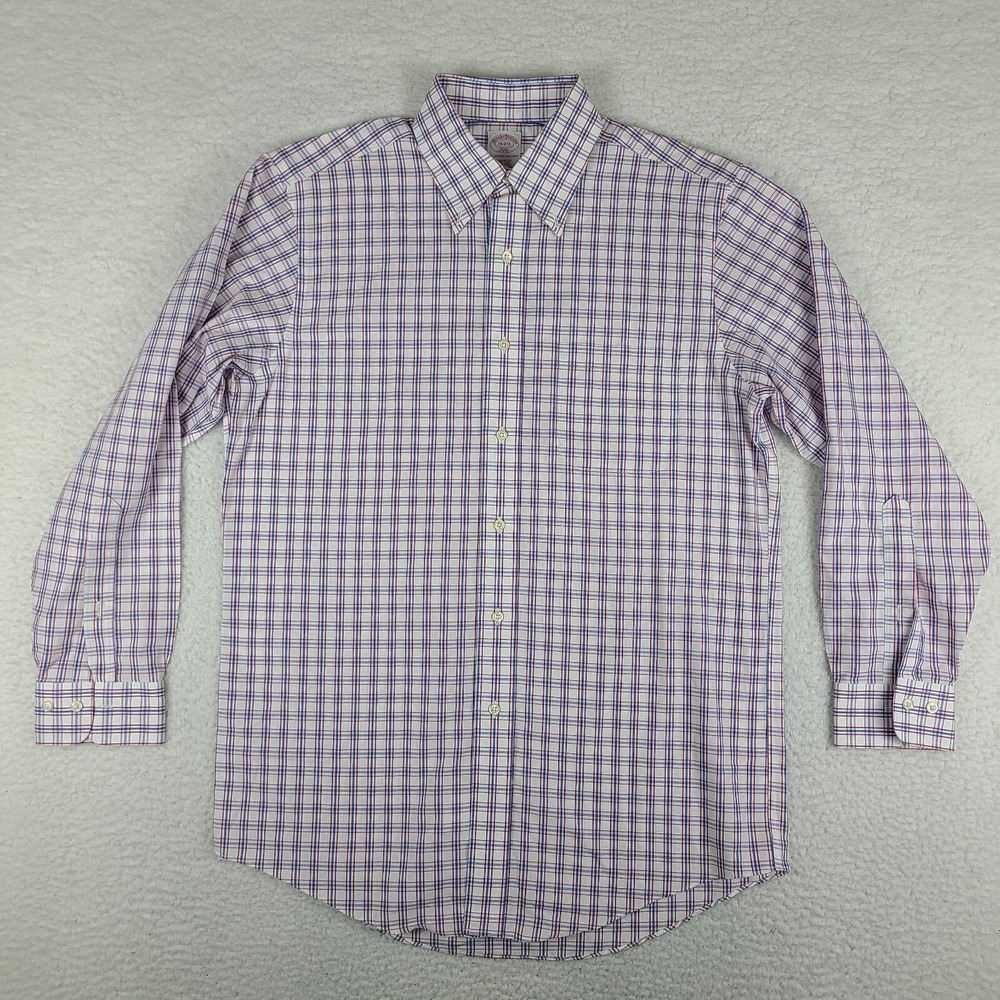 Brooks Brothers Shirt Men 15 2/3 Blue Red White Plaid Non Iron Dress Button Down